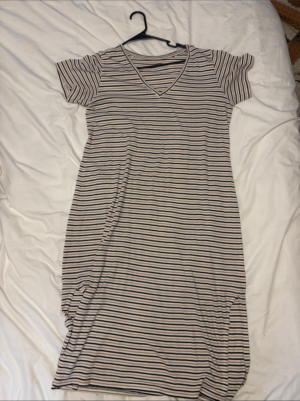 Striped V-Neck Midi Dress in Cream and Black